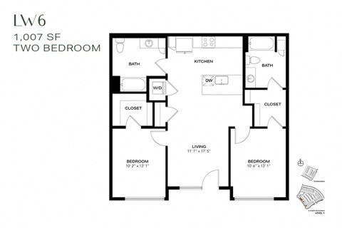 Floor plan for 2 beds, 2 baths, 1007 sqft